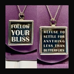 Silver Double-Sided Inspirational Quote Pendant Glass Slide Necklace 18” Chain